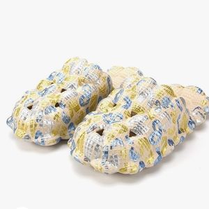 New! Fun Bubble Slides Massage Slipper Shoe 37-38 Womens 6.5-7 beige graffiti